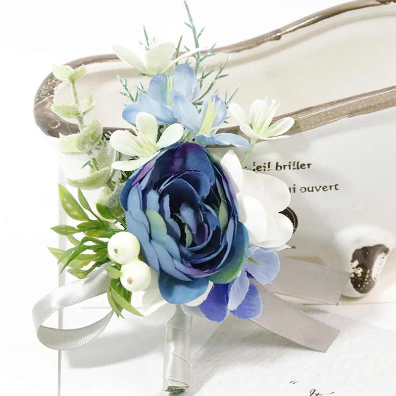 Dusty Blue Artifical Flowers Wedding Boutonniere Corsage Bridesmaid Groom Handmade Accessories Bracelet Marriage Pins