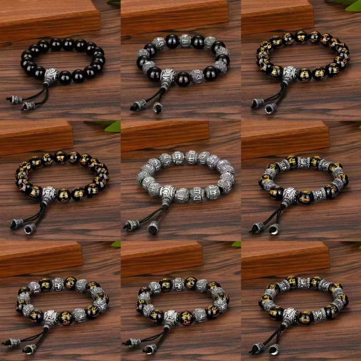 Tibetan Ethnic Silver Color Buddha Bead Bracelet for Men Om Mani Padme Hum Lotus Shaped Vintage Nepal Obsidian Jewelry Wholesale