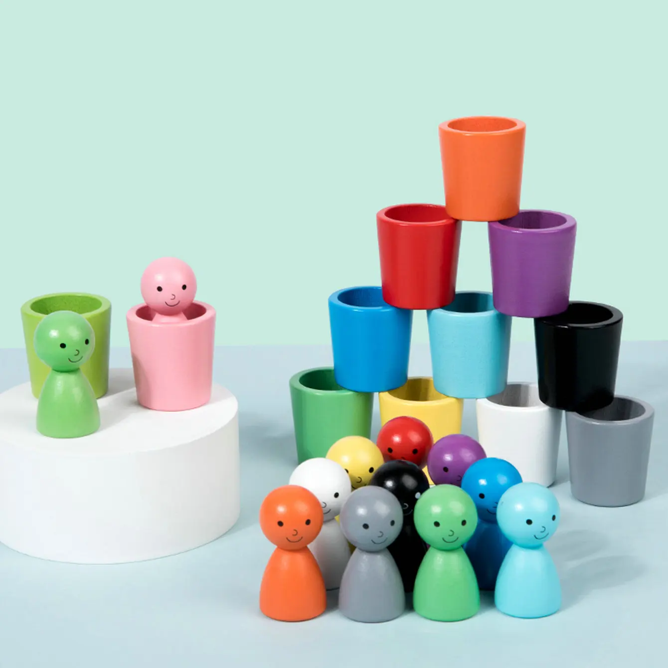 Montessori Wooden Color Recognition Toy with 12 Colorful Cups Educational Sorting Training Stacking Game for Kids 3 Years Gifts