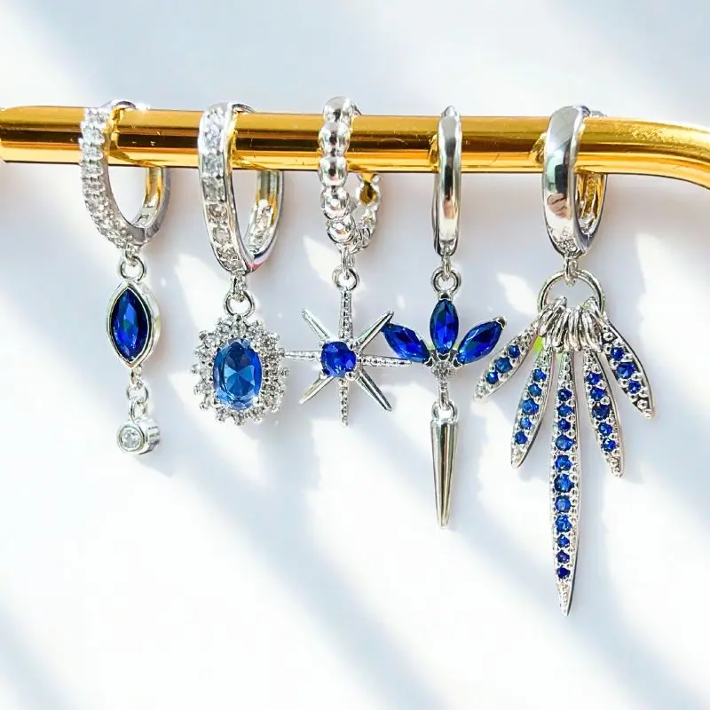 

925 Sterling Silver Needle Blue Zircon Silver Earrings Luxury Dark blue Heart Pendant Hoop Earrings Women's Fine Jewelry Gifts