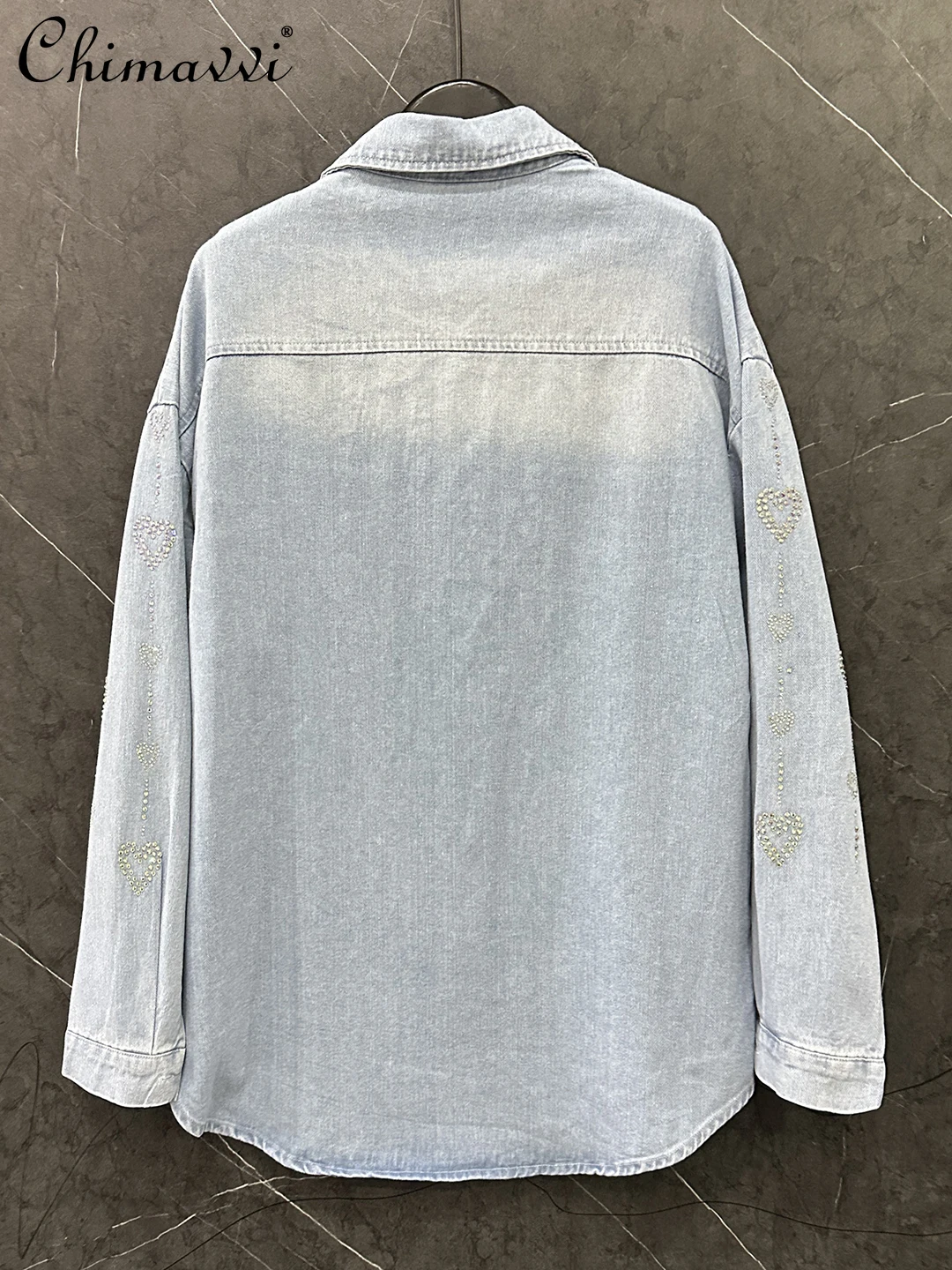 2025 Autumn Clothes New Heavy Heart Rhinestone Long Sleeve Denim Shirt Jacket Women Fashion Loose Casual Mid-Length Top