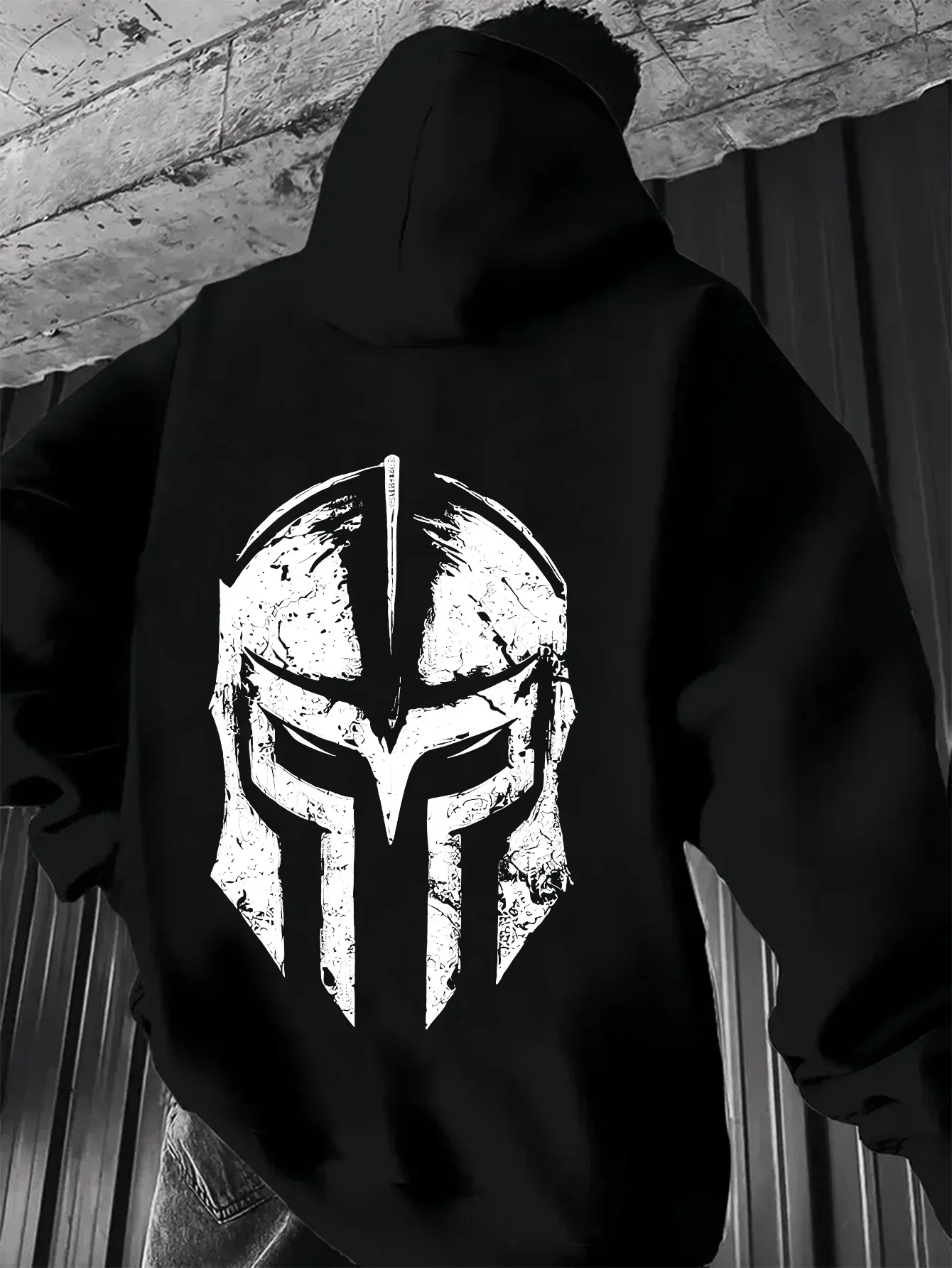 Vintage Spartan Helmet Graphic Hoodie, Unisex, Distressed Warrior Mask Print Hooded Pullover Ancient Warrior Street Sweatshirt