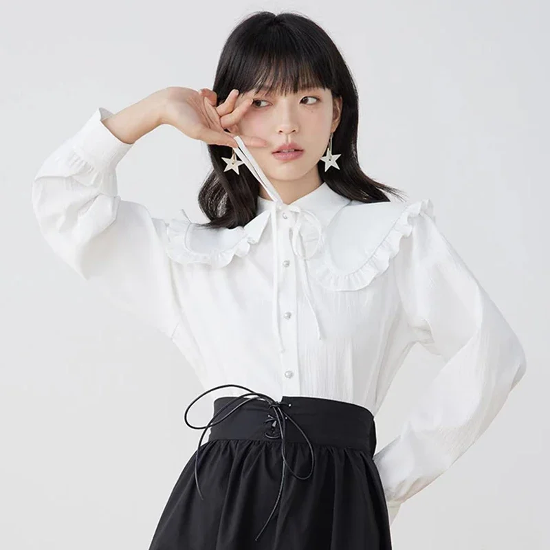 

Women Vintage Sweet Korean White Shirts Lace Up Peter Pan Collar Blouses Spring Summer Elegant Office Lady Work Long Sleeve Tops