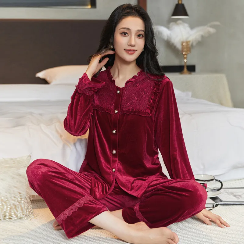 

Velour Pajamas Suit V-Neck Women Nightsuits Home Clothes Long Sleeve Trousers 2Pcs Pyjamas Sleep Set Sleepwear Lingerie