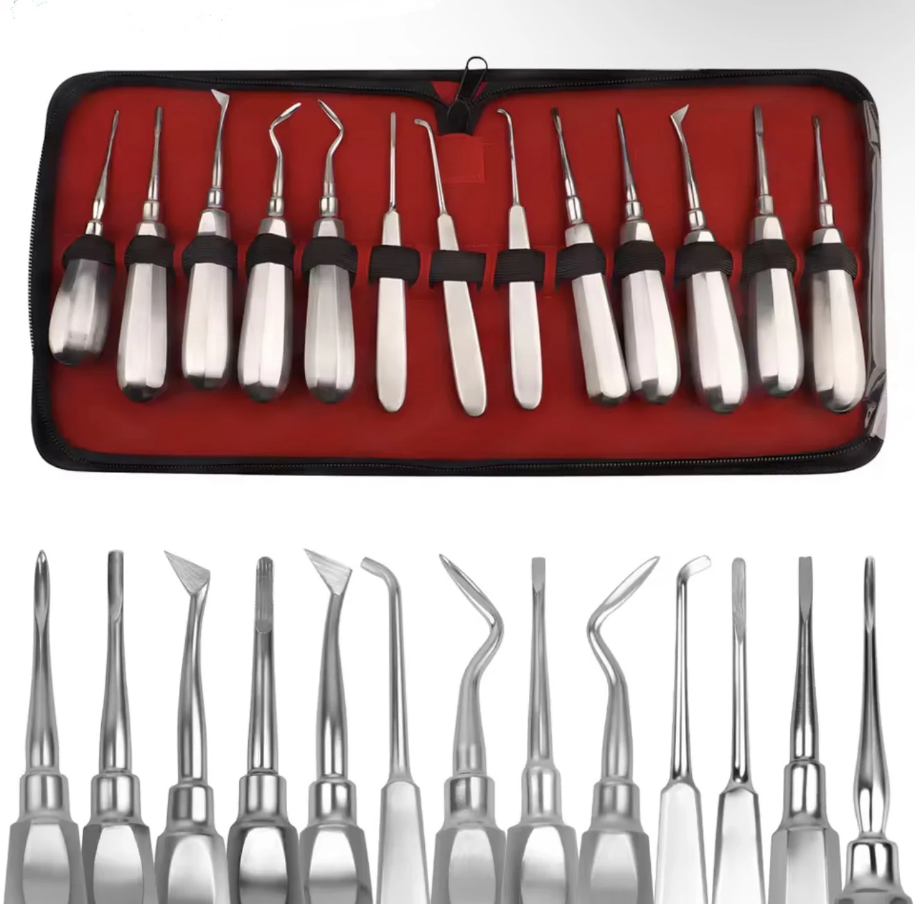 13Pcs Dental Stainless Steel Plier Curved Root Forceps Hexagon Handle Dental Extraction Elevator Kit Dental Instruments Set