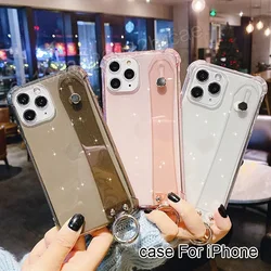 Wrist Strap Holder Phone Case For IPhone 17 16 15 14 13 Pro Max 12 11 Xs XR Translucent Glitter Shockproof Back Cover
