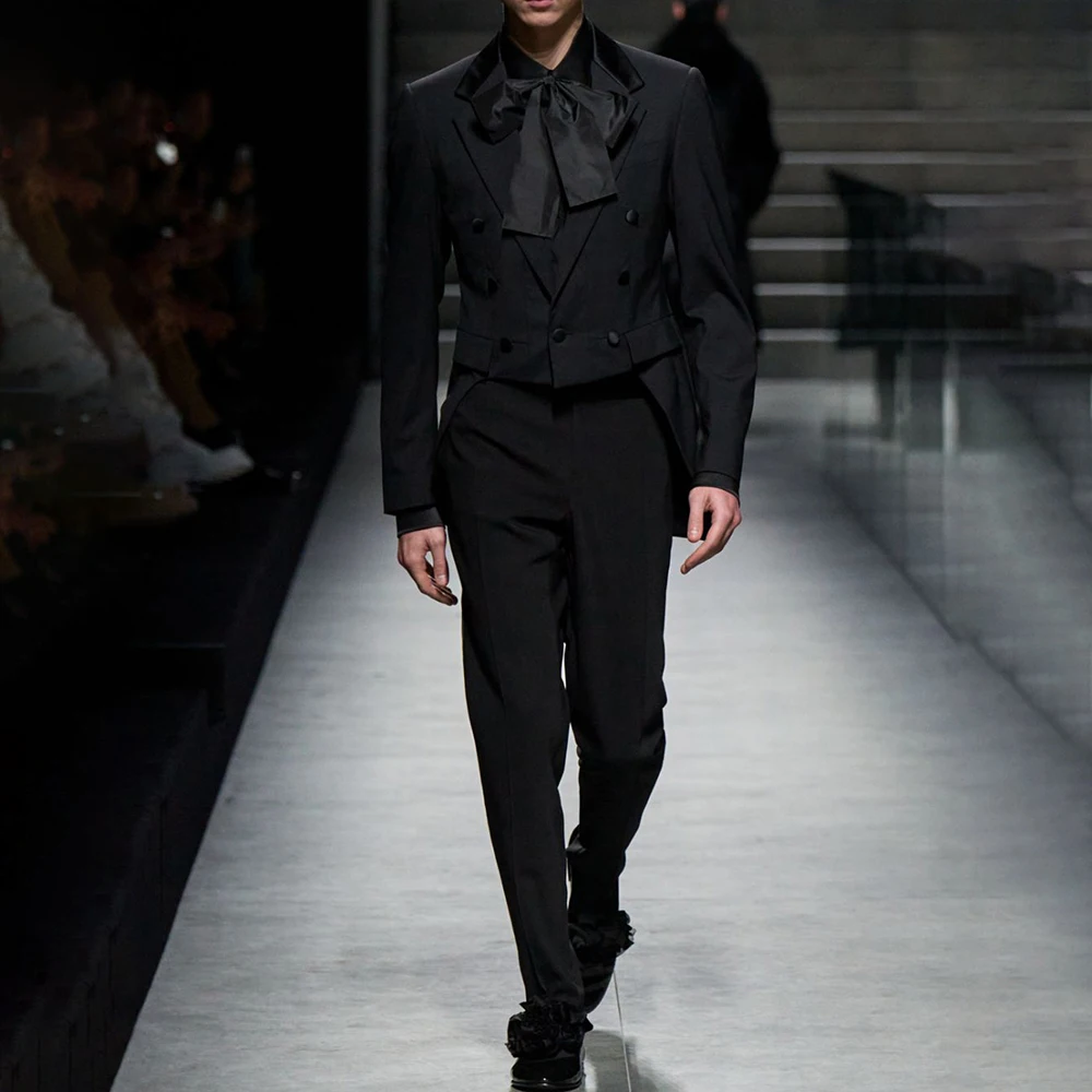 

Черные мужские костюмы, комплект из 2 предметов (длинный пиджак + брюки), трехбортный пиджак с лацканами, формальный элегантный наряд для церемонии и выпускного вечера