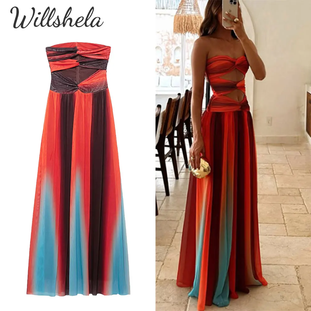 

Willshela Women Fashion Vacation Dress Printed Offshoulder Strapless Midi Dress Hollow Out Female Chic Lady Casual Long Vestidos