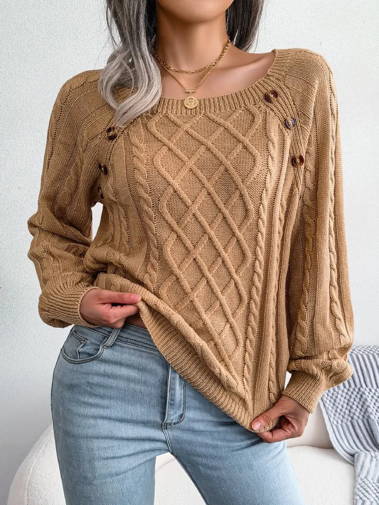 

Autumn New Sweaters Women Casual Square Collar Buttons Long Sleeve Knitted Pullovers Elegant Solid Color Fashion Female Clothing