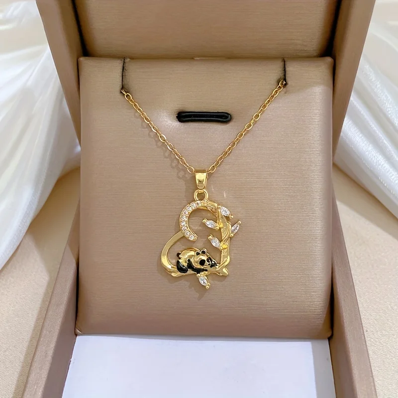 Stainless Steel Luxury Drop Oil Panda Zircon Bamboo Pendant Necklace Suitable for Women to Wear Daily Holiday Gift Jewelry New