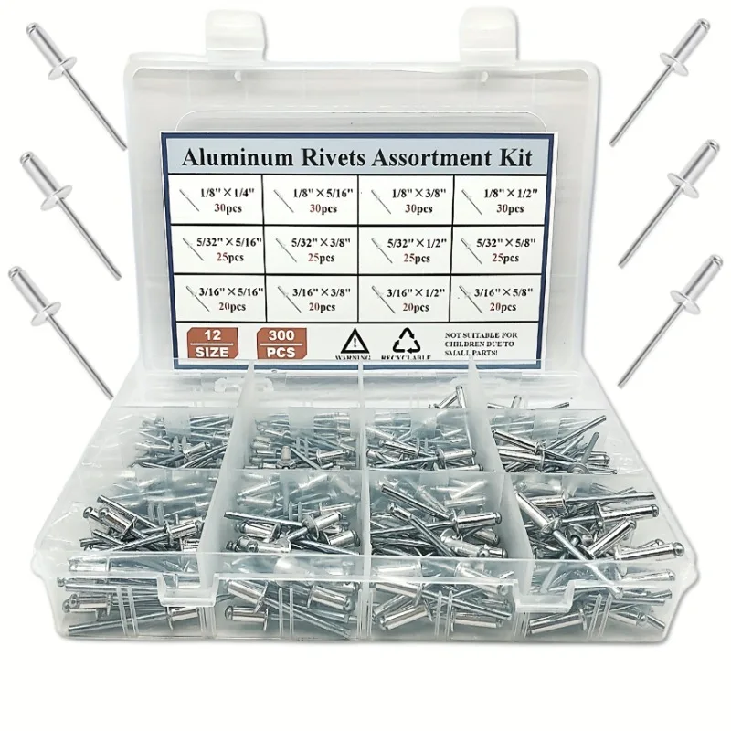 

300PCS Half Round Head Blind Rivets Open K Type Aluminum Blind Rivets Assortment Kit 1/8 5/32 3/16 Hardware Tools for Mentalwork