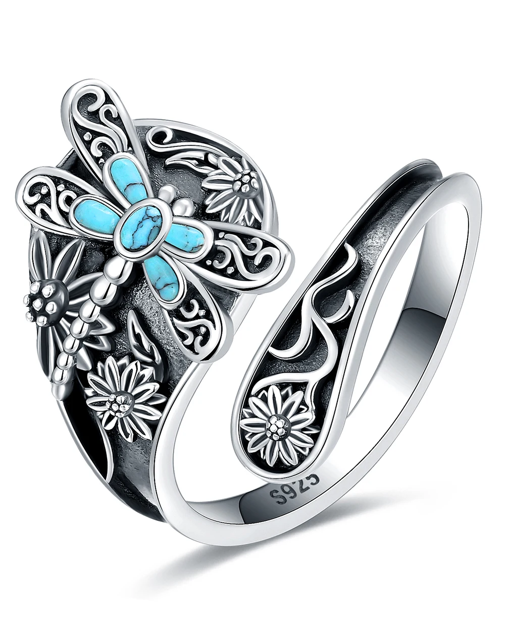 

925 Sterling Silver Vintage Dragonfly Turquoise Spoon Adjustable Rings Victorian Style Jewelry Birthday Gift For Women Friends