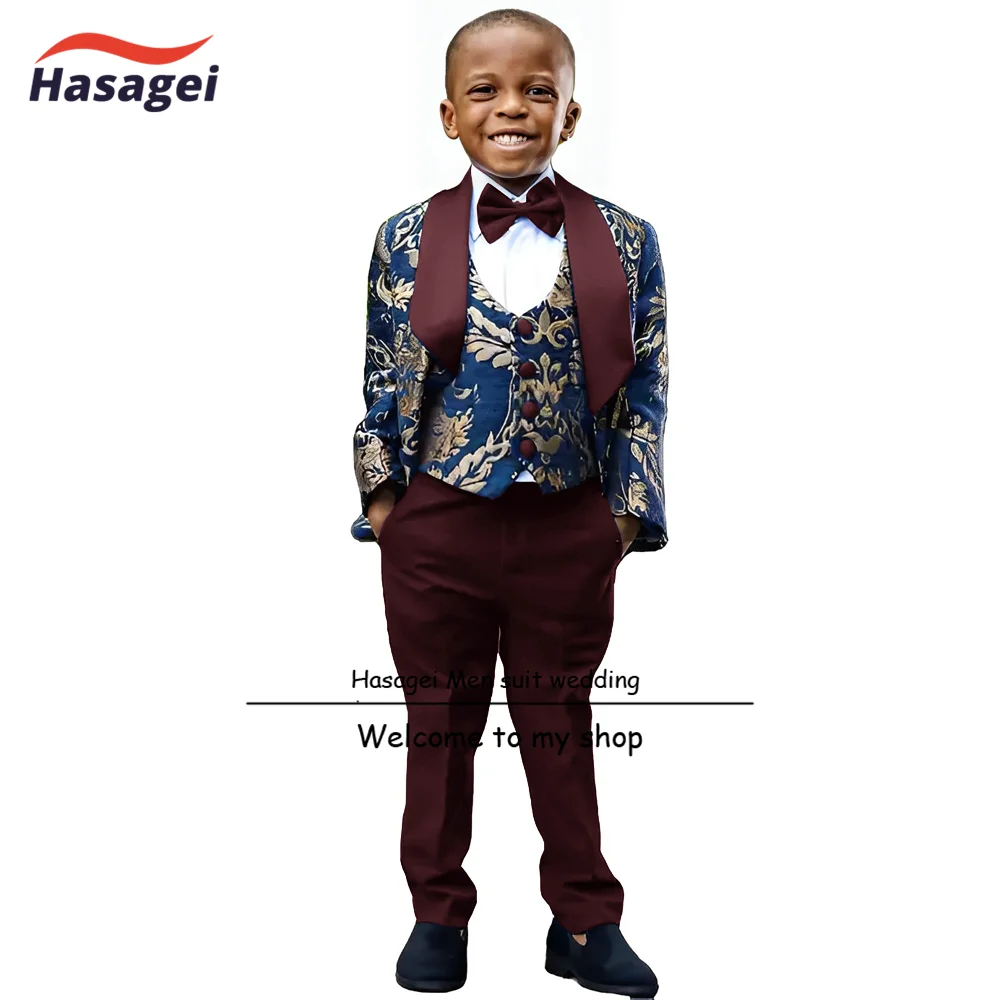 Gold Pattern Boys Suit 3 Piece Suit with White Pants Formal Kids Wedding Tuxedo Teen Stage Performance Wear 2-16 Years Old