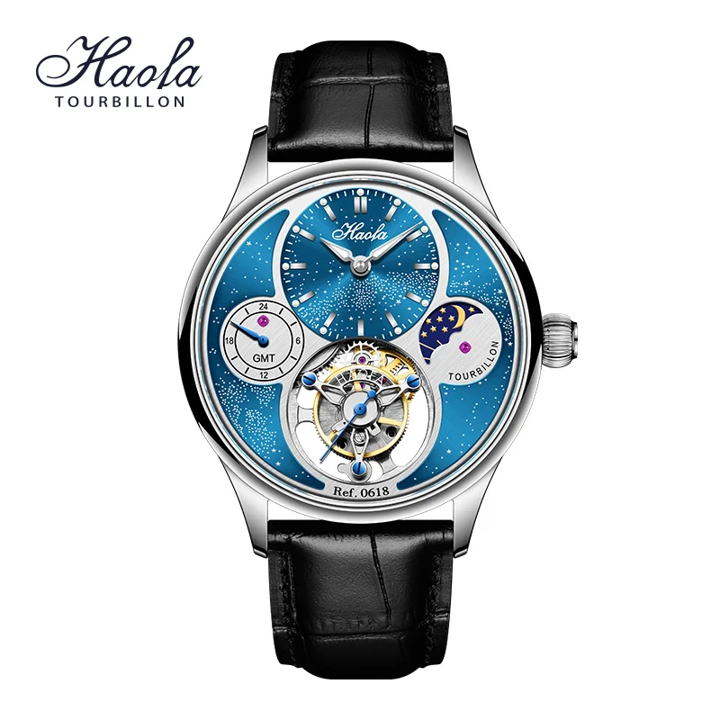 Haofa GMT Flying Tourbillon Man Watch Hollow Mechanical Movement Moon Phase 316L Stainless Steel watches for man Blue Star 0618