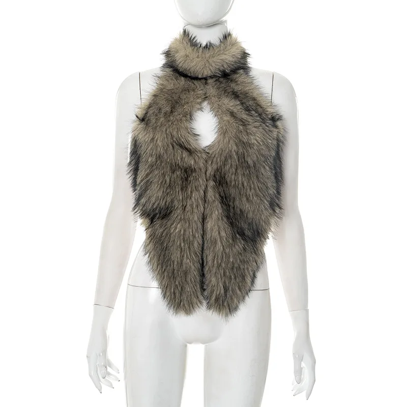 Sexy Furry Tank Top Women Hipster Halter Y2K Backless Bandage Vest for Midnight Party Clubwear Summer Trend