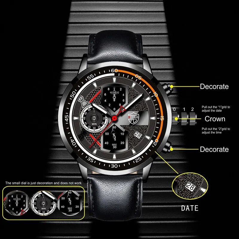 Conjunto de 3 uds. De relojes con calendario para hombre, reloj de cuarzo de cuero negro informal de negocios para hombre, collar, pulsera, reloj de pulsera