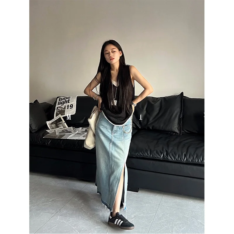 

May Muziya ретро джинсовая асимметричная юбка-миди с высокой талией женская летняя утягивающая юбка корейская юбка для поездок на работу