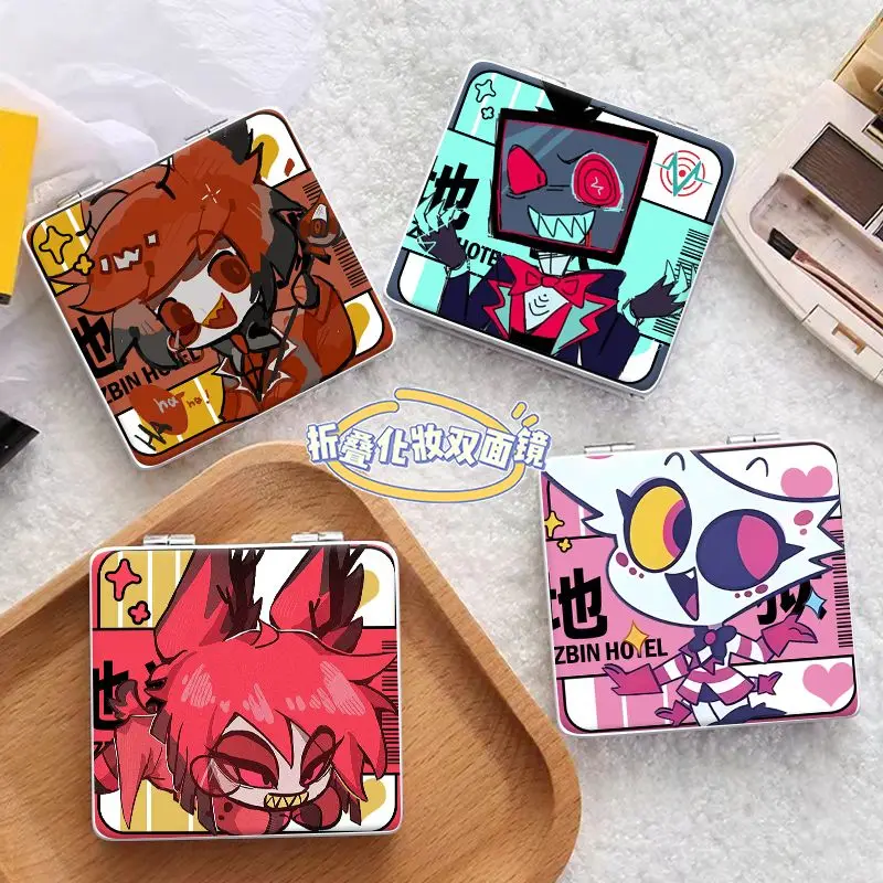 Spot Stock Espejo pequeño plegable - Hazbin Hotel Alastor Lucifer Mini espejo de tocador cuadrado portátil de doble cara