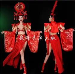 Chinese Style Retro Red Nightclub Bar Jazz Dance Uniform