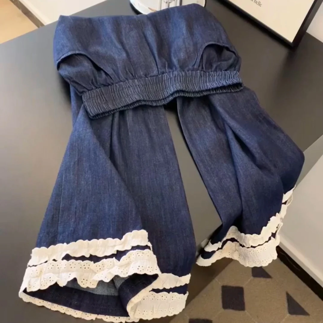 الرجعية الكورية الدانتيل الربط واسعة الساق الجينز المرأة عالية الخصر سليم مستقيم السراويل الربيع Faionable تخفيف Sle عارضة فضفاض...