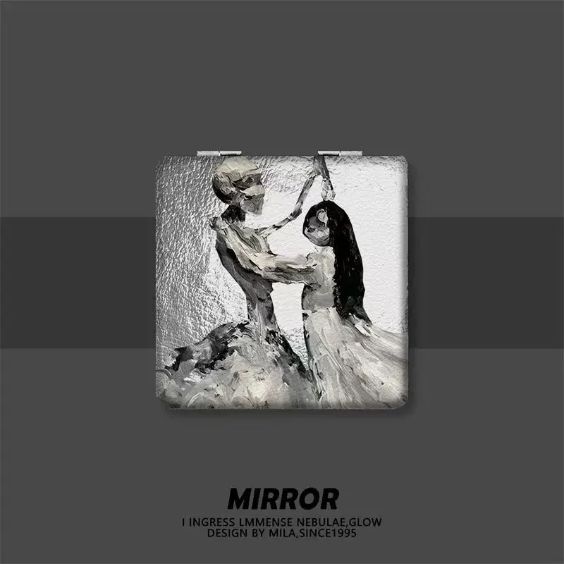 Dance Mini faltbarer tragbarer doppelseitiger hochklappbarer PU-Schminkspiegel Normaler und vergrößernder Spiegelkamm mit magnetischer Absaugung