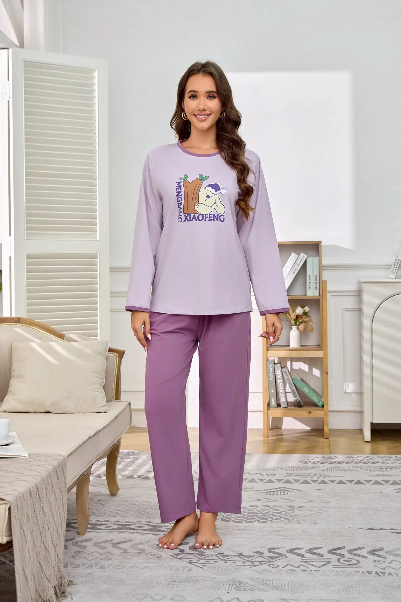 

Spring, Autumn and Winter Long Sleeve Purple Cartoon Casual Women's Home Clothing Pajamas Trousers Two-piece Set