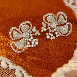 Huitan Sparkling Flower Stud Earrings Women Aesthetic Accessories for Engagement Silver Color Shiny Zirconia Jewelry for Wedding