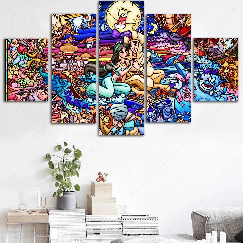 5 Pieces Disney Movie Aladdin Canvas Painting Cartoon Mickey Mouse Nordic Poster Print Tinker Bell Pictures Wall Art Home Decor