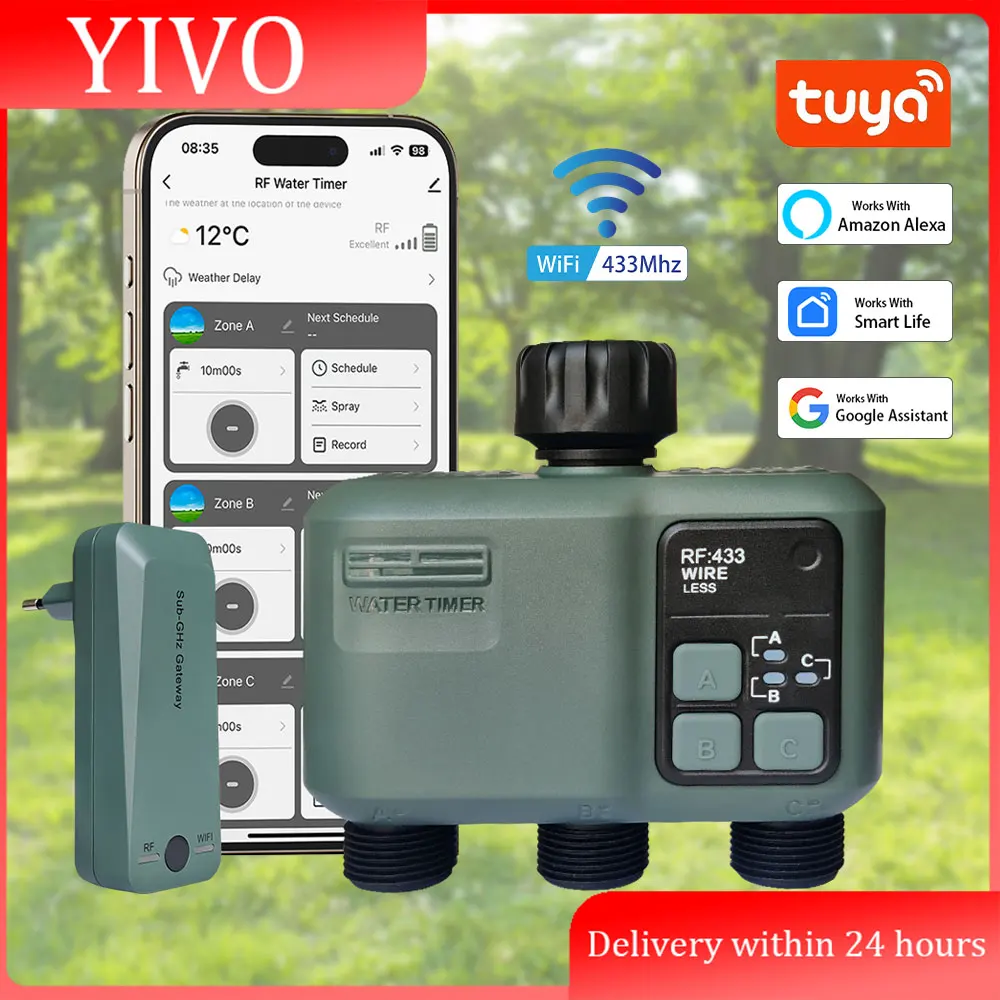 

Tuya Smart 433WiFi Garden Water Timer 3 Zones Sprinkler Automatic Irrigation Timer with Rain Delay Manual Watering for Lawn Yard