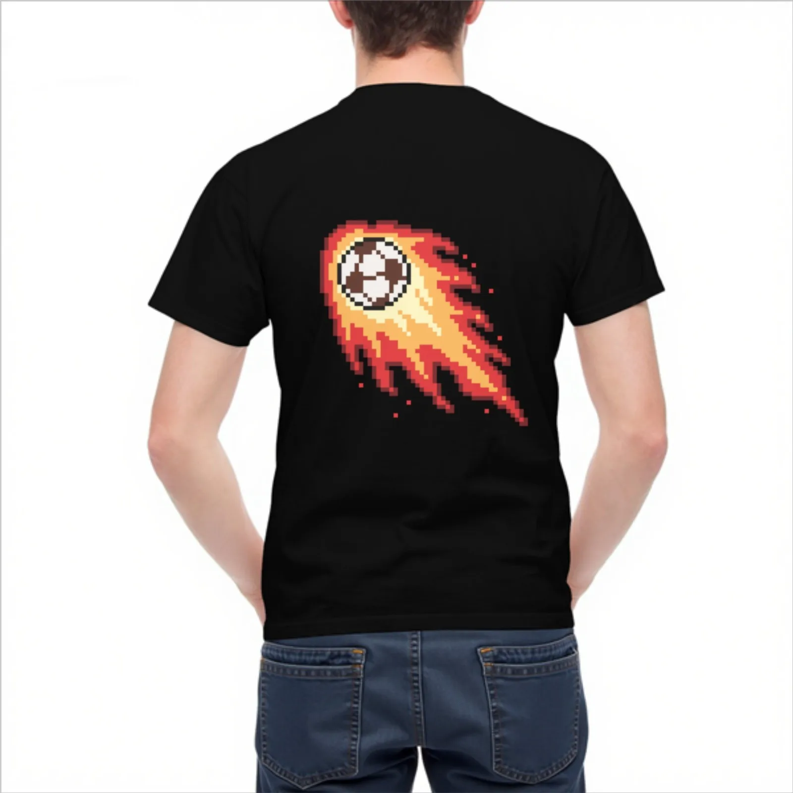 Pixel Fire Soccer Ball Graphic Print Men's Casual Crewneck T-Shirt Breathable Daily Tee