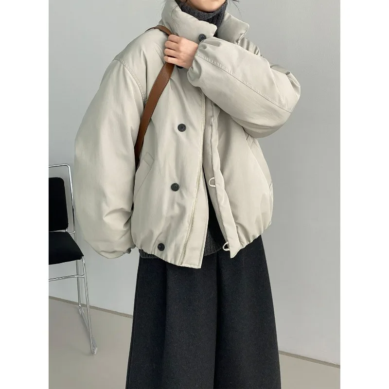 Retro Stand-up Collar Thickened Down Jacket Women Loose Warm Silhouette White Duck Down Fashionable and Simple Women's Clothing