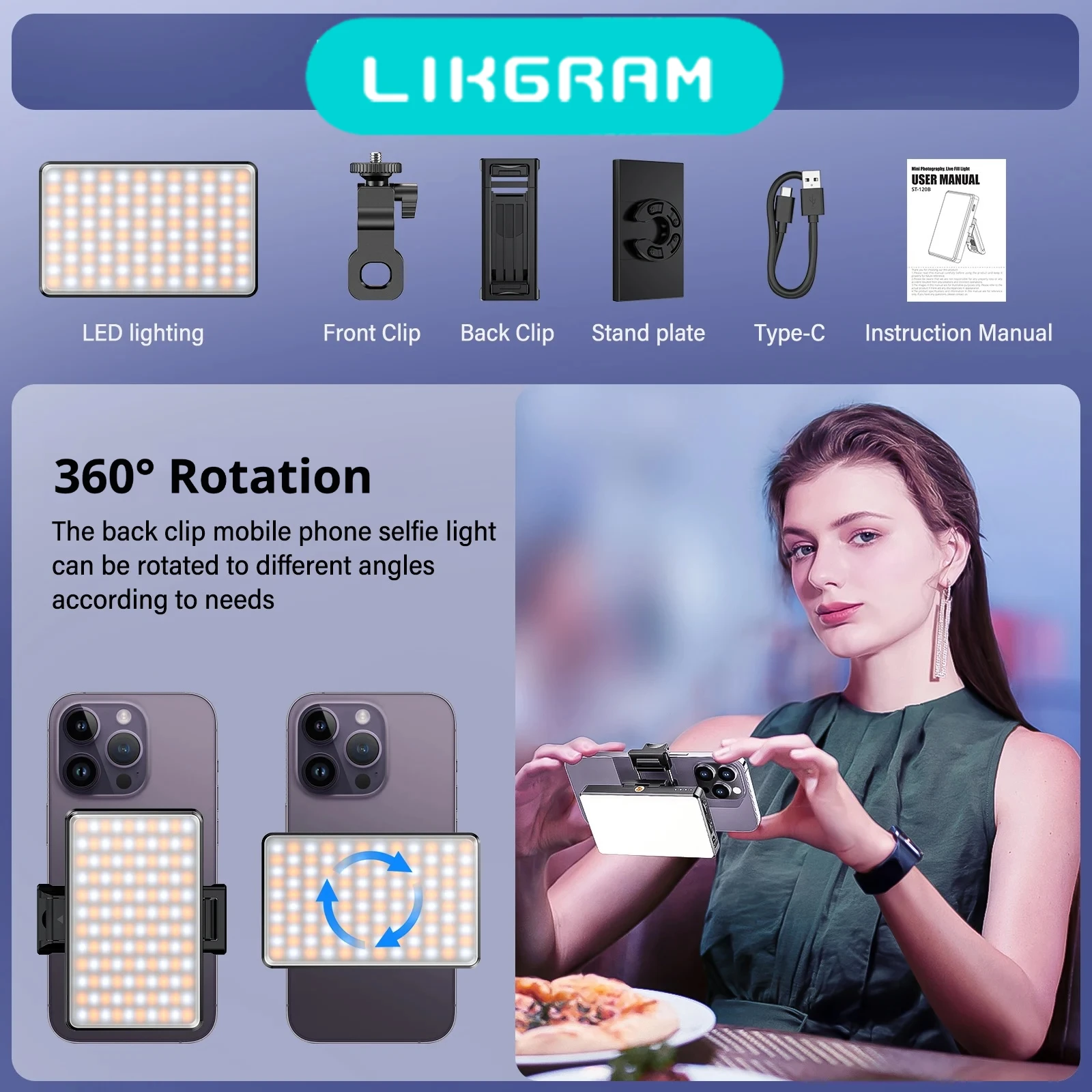 

Fill Light Portable Rechargeable Clip On Light For Selfie Phone Vlog Front Back Clip 2500K-9000K ST-120B