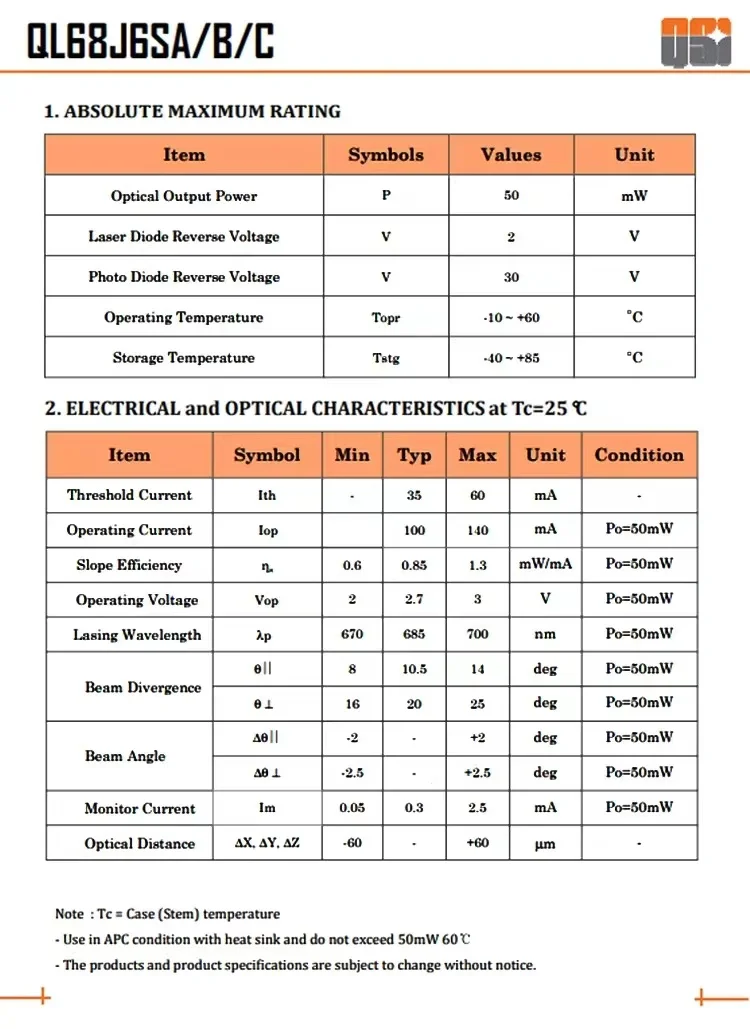 QSI QL68J6SA QL68J6SC 685nm 50mw 5.6mm 60 ℃   مع صمام ثنائي ليزر PD