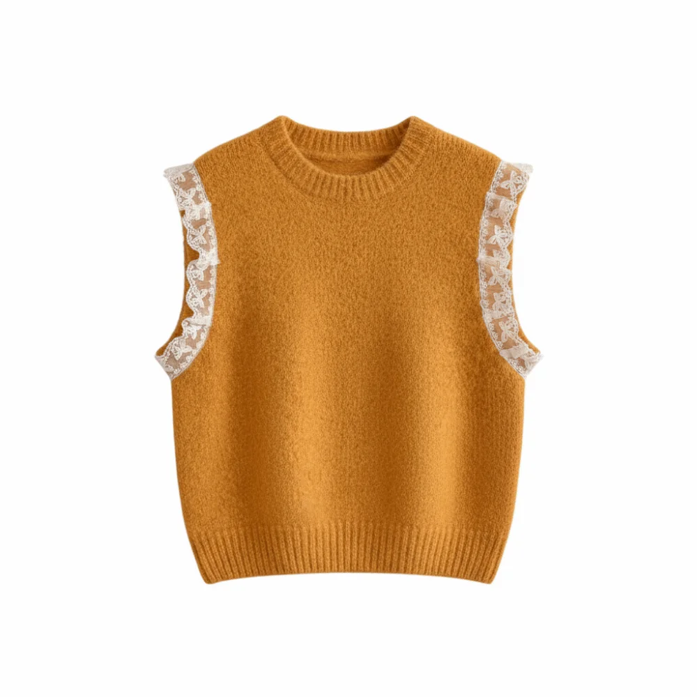 

Casual Round Neck Lace Sleeveless Sweater Pullover Solid Color Knitwear Women Korean Style Sweet Vest Crop Top Girls