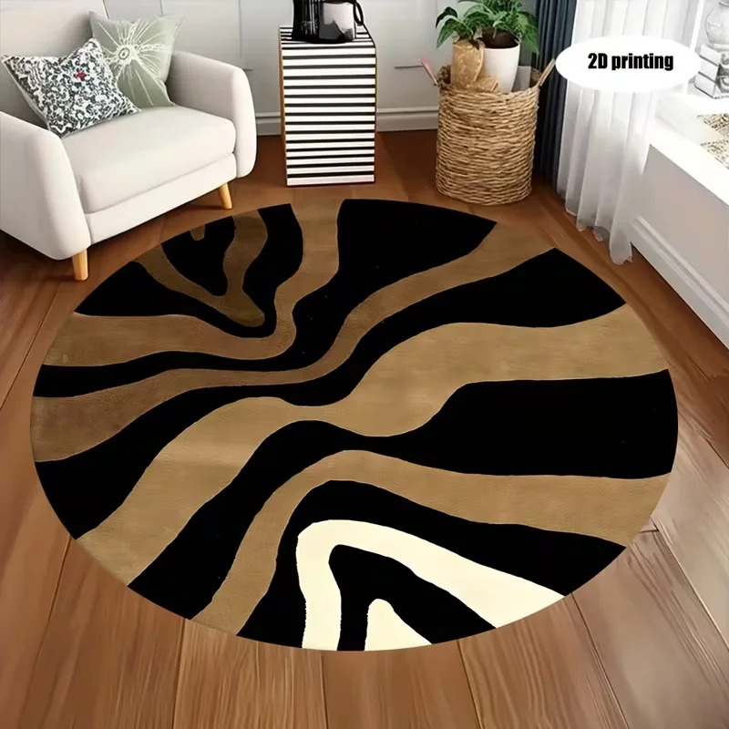 Modern Chevron Geometric Round Rug Distressed Tone Circular Area Carpet Non-Slip Floor Mat Minimalist Living Room Decor