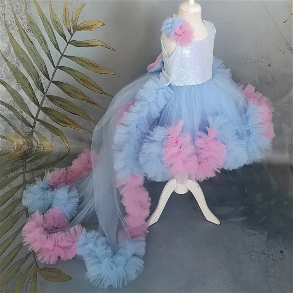 Abiti da ragazza di fiore angelo blu Tulle con paillettes con fiocco senza maniche per matrimonio, regalo di compleanno per bambini, abito da prima