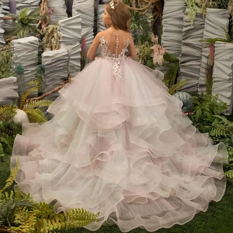 Blumenmädchenkleider, gestuft mit Blumenmuster und Tailing, ärmellos, für Hochzeit, Geburtstag, Bankett, Prinzessinnenkleider, individuell gestaltet