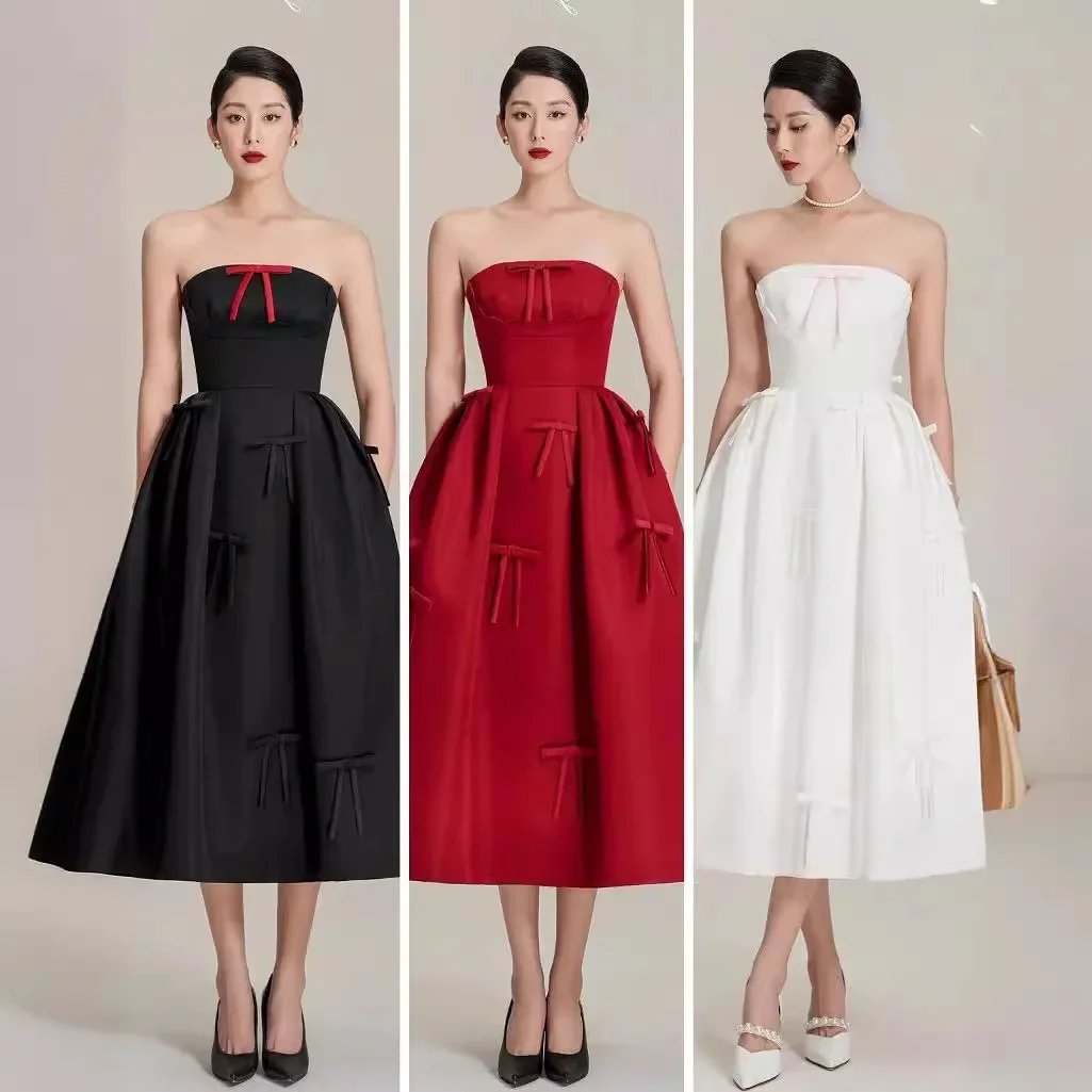 Vietnam Niche Luxury Tube Top Dress 2024 Bow Waist Thin Big Swing Bridal Dress Party Robe High Waist Luxury Red Evening Dresses