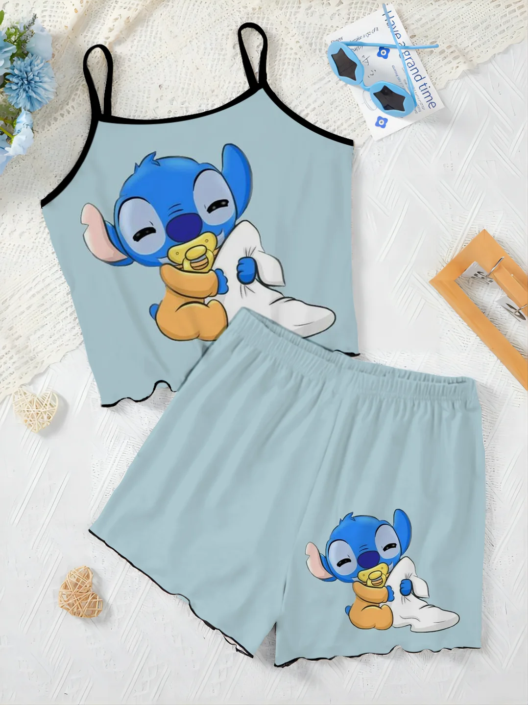 Disney-mulheres de luxo elegante saia do pijama, vestido deslizante, ponto t-shirt, top, guarnição peças, curto, casa, 2 pcs terno