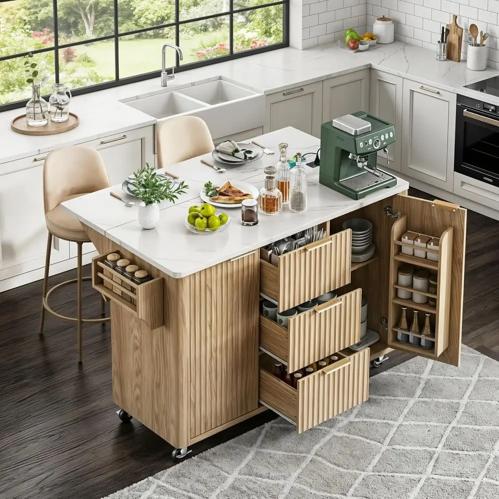 55.5 Rolling Kitchen Island with Drop Leaf, Power Outlet, 3 Drawers, Marble Top, Natural Oak Finish