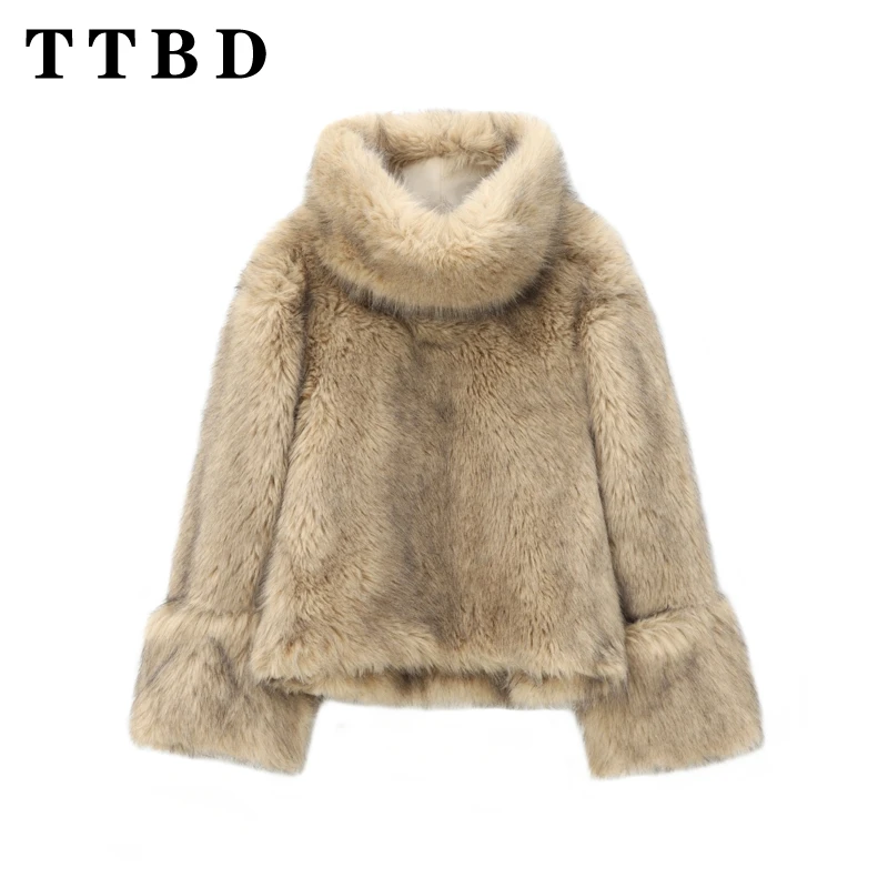 TTBD 2024 Autumn New Lady Casual Long Sleeve Faux Fur Pullover Jumper Trendy Female Turtleneck Collar Outerwear Keep warm Top