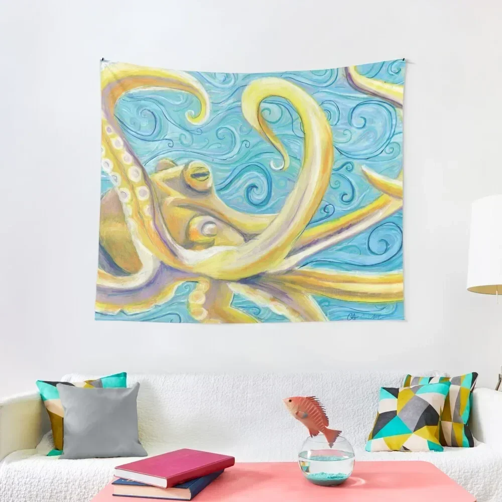 

Yellow Octopus in a Swirly Blue Sea Tapestry Room Decoration Korean Style Decor Home Japanese Room Decor Wallpaper Tapestry