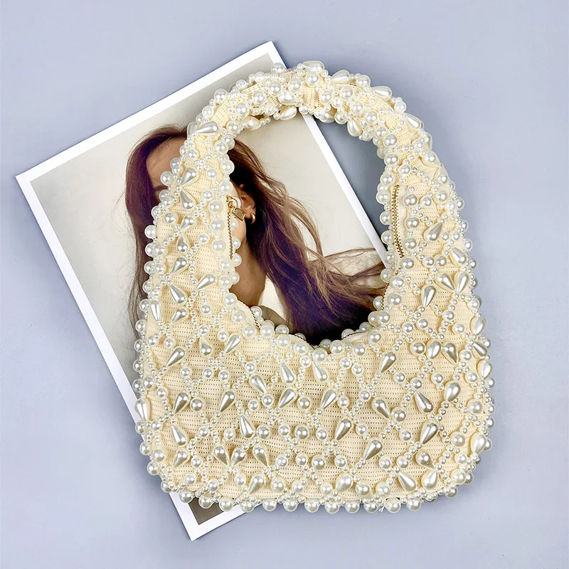 New Trendy Women's Pearl Water Diamond High Quality Handmade Beaded Weaving Underarm Bag