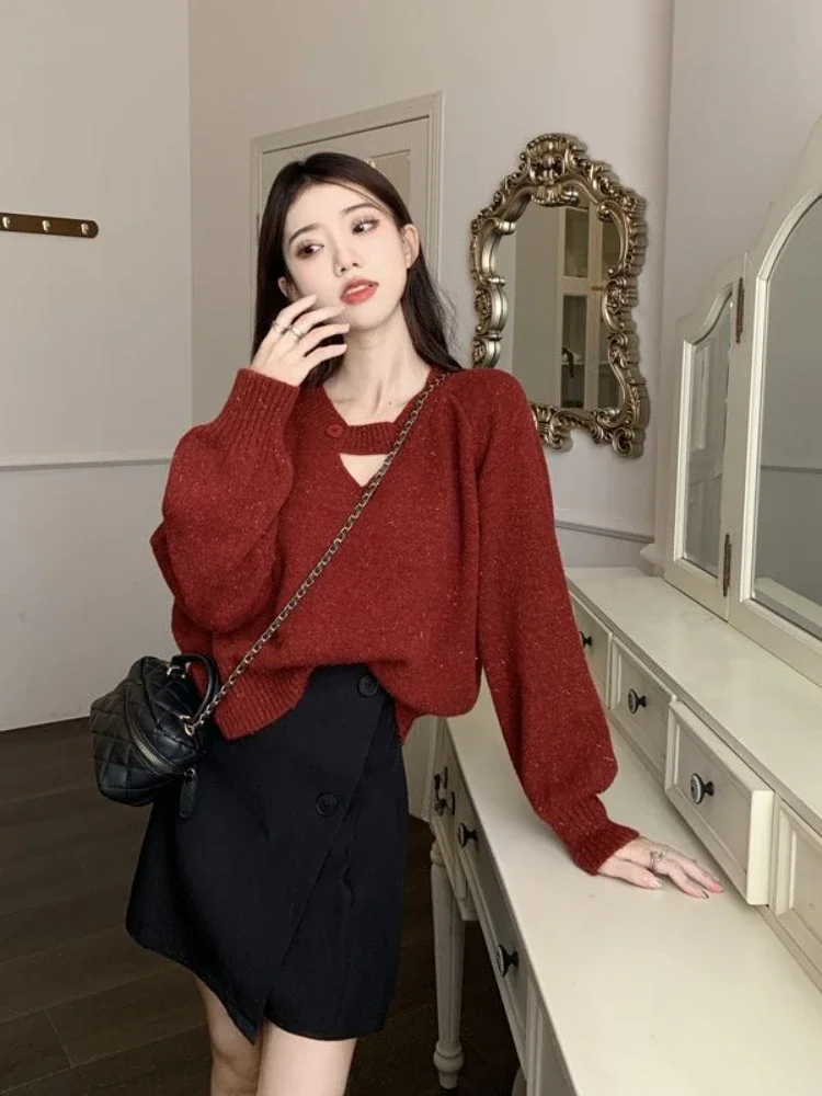 Out Design Thick Long Sleeve Knitting Sweater Women Korean Style New Arrival Cropped Loose Outerwear All-match Aesthetic