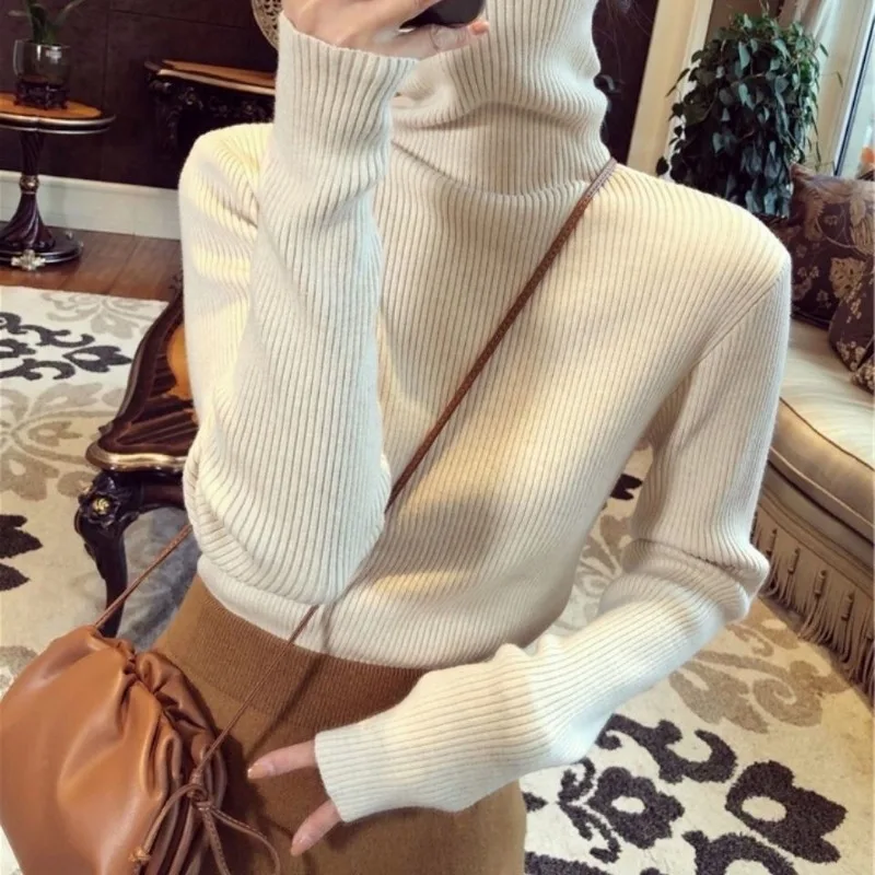 Turtleneck Slim Solid Color Knitting Bottoming Shirt Women Autumn Winter Simplicity Long Sleeve Sweater Casual Knitwear Tops