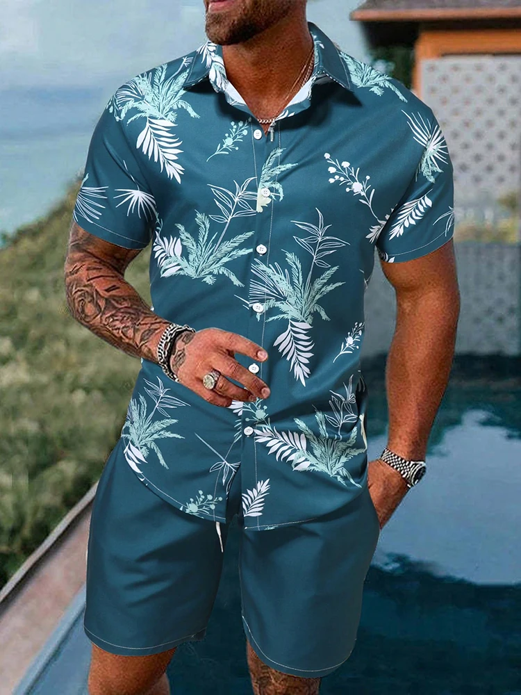 Fashionable Hawaiian men\'s short sleeved shirt and beach shorts summer set daily shirt casual men\'s outdoor sports shorts