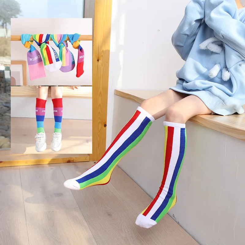 Spring and Summer Thin Children\'s Fashion Rainbow Striped Alphabet Hipster Comfortable Stockings for Boys and Girls