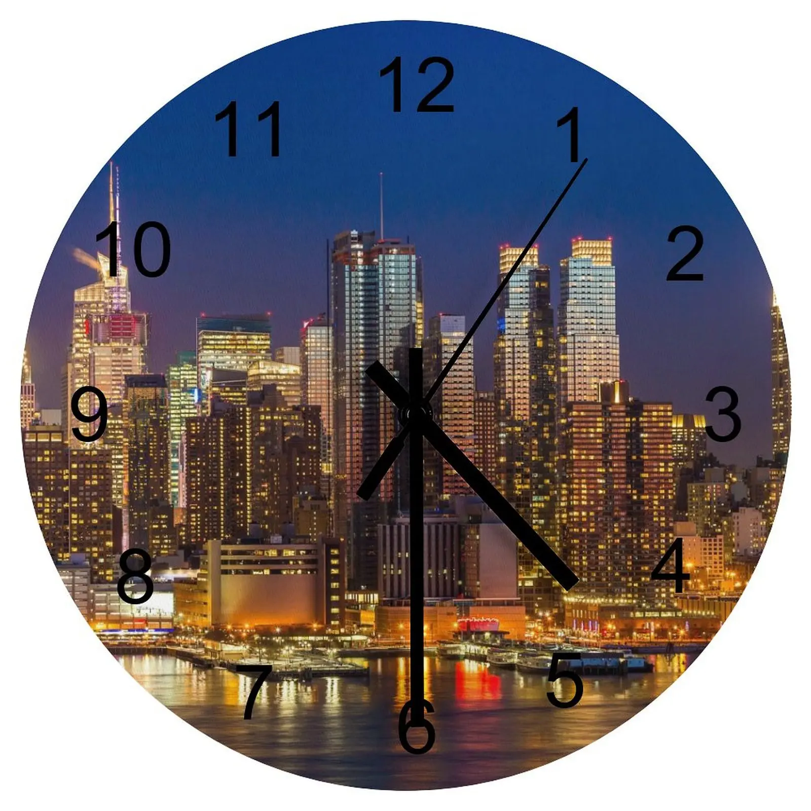 Farm Wall Clock Night American city Clocks 12 inch Silent Wood Round Artistic Slim Profile Geometric