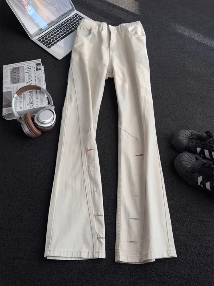 

American High Street Button Hole Embroidered Slant Cut Knife Jeans Men CleanFit Premium Straight Leg Micro Flare Pants