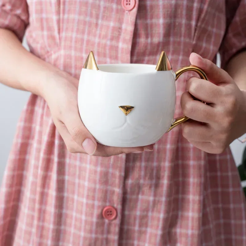 Cat Ears Ceramic Mug Golden Cat Shape Gold-plated Coffee Mugs Couple Breakfase Oat Milk Cup Christmas Valentine\'s Day Gift Mug